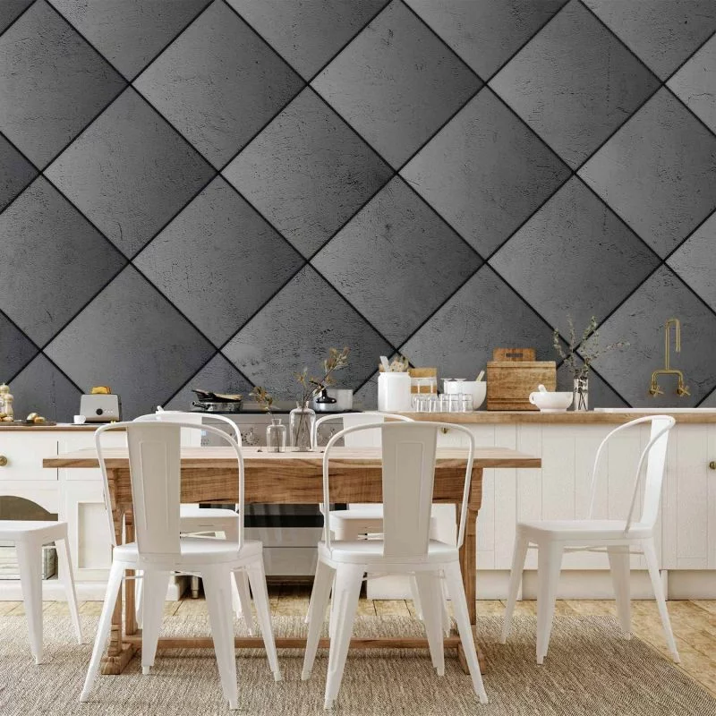 Fototapeta - Szara symetria - geometryczny wzór w deseń z betonu z czarnymi fugami - obrazek 1