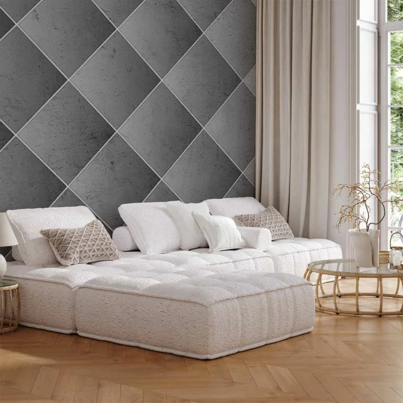 Fototapeta - Szara symetria - geometryczny wzór w deseń z betonu z białymi fugami - obrazek 1