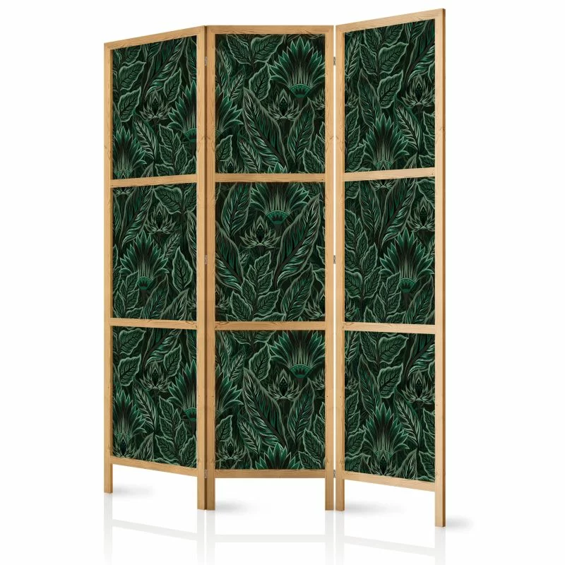 Parawan japoński - Gęsta roślinność - botaniczne wzory w ilustracyjnym stylu; zielone - obrazek 1