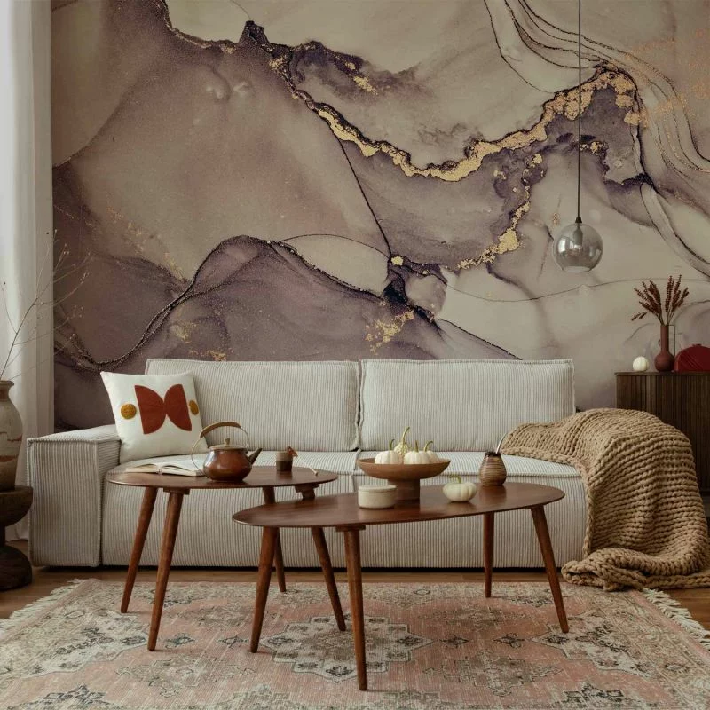 Fototapeta - Akwarelowa abstrakcja - pudroworóżowy marmur ze złotym akcentem - obrazek 1
