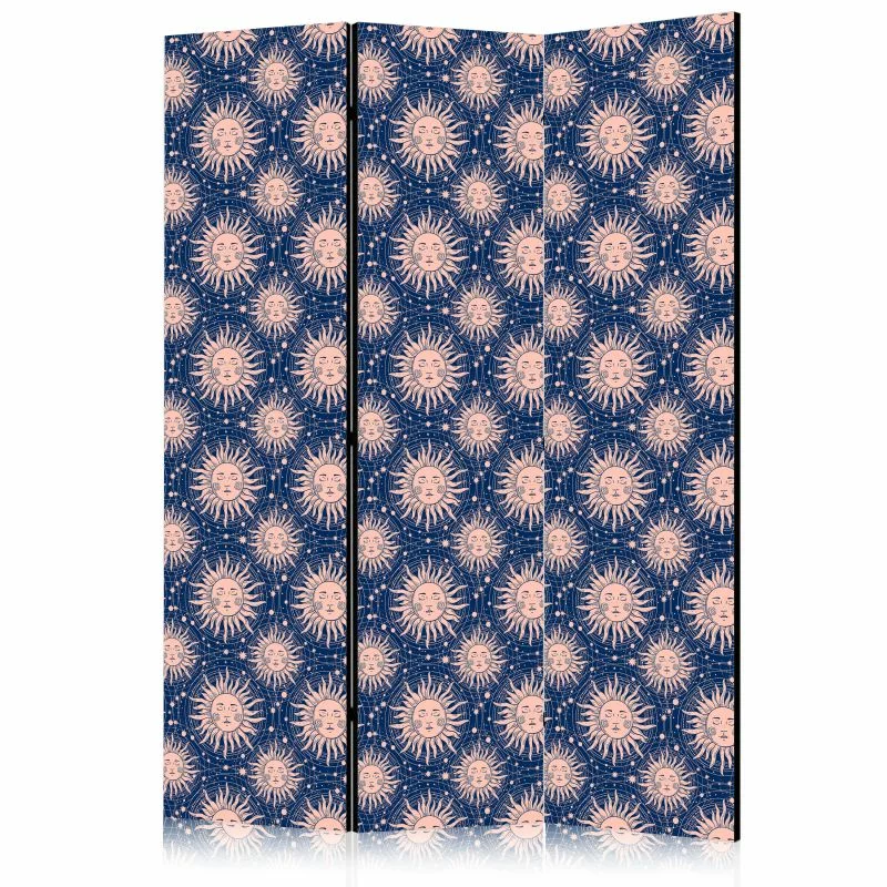 Parawan - Słoneczne Wzory - powtarzający się motyw słońca na granatowym tle / Kosmiczne Słońca - elegancki wzór słońca i gwiazd w stylu vintage - obrazek 1