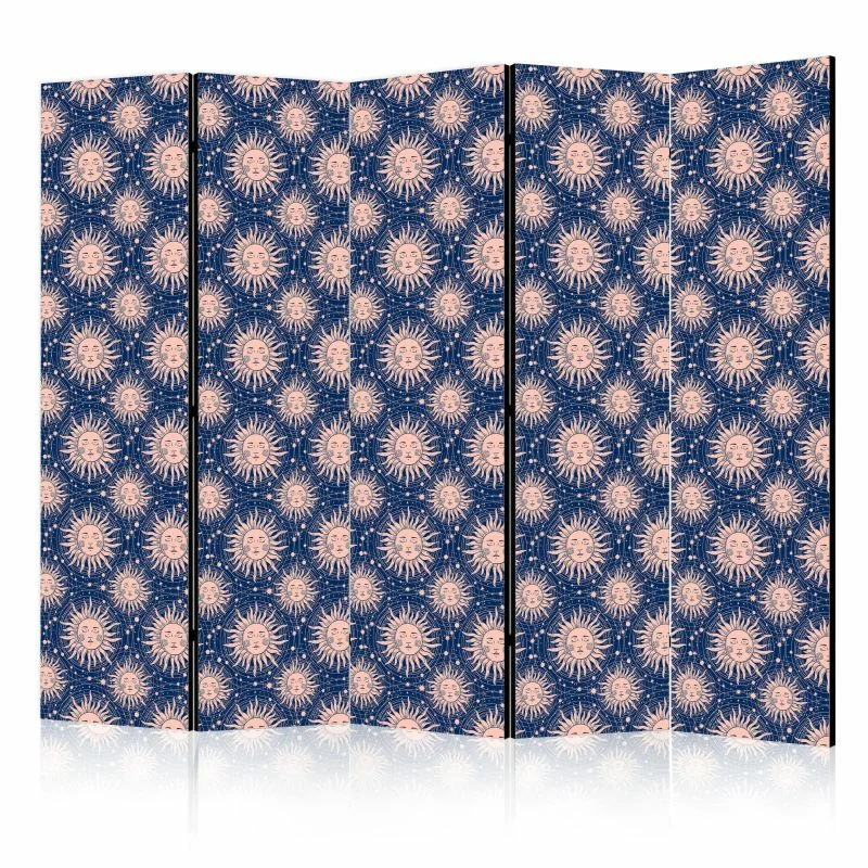 Parawan - Słoneczne Wzory - powtarzający się motyw słońca na granatowym tle / Kosmiczne Słońca - elegancki wzór słońca i gwiazd w stylu vintage - obrazek 1
