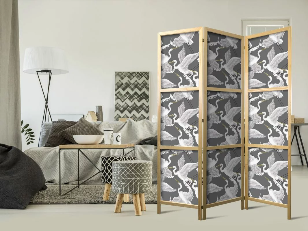 Parawan japoński - Pastelowe ptaki - delikatny wzór w biało-szare czaple na jasno-różowym tle - obrazek 1