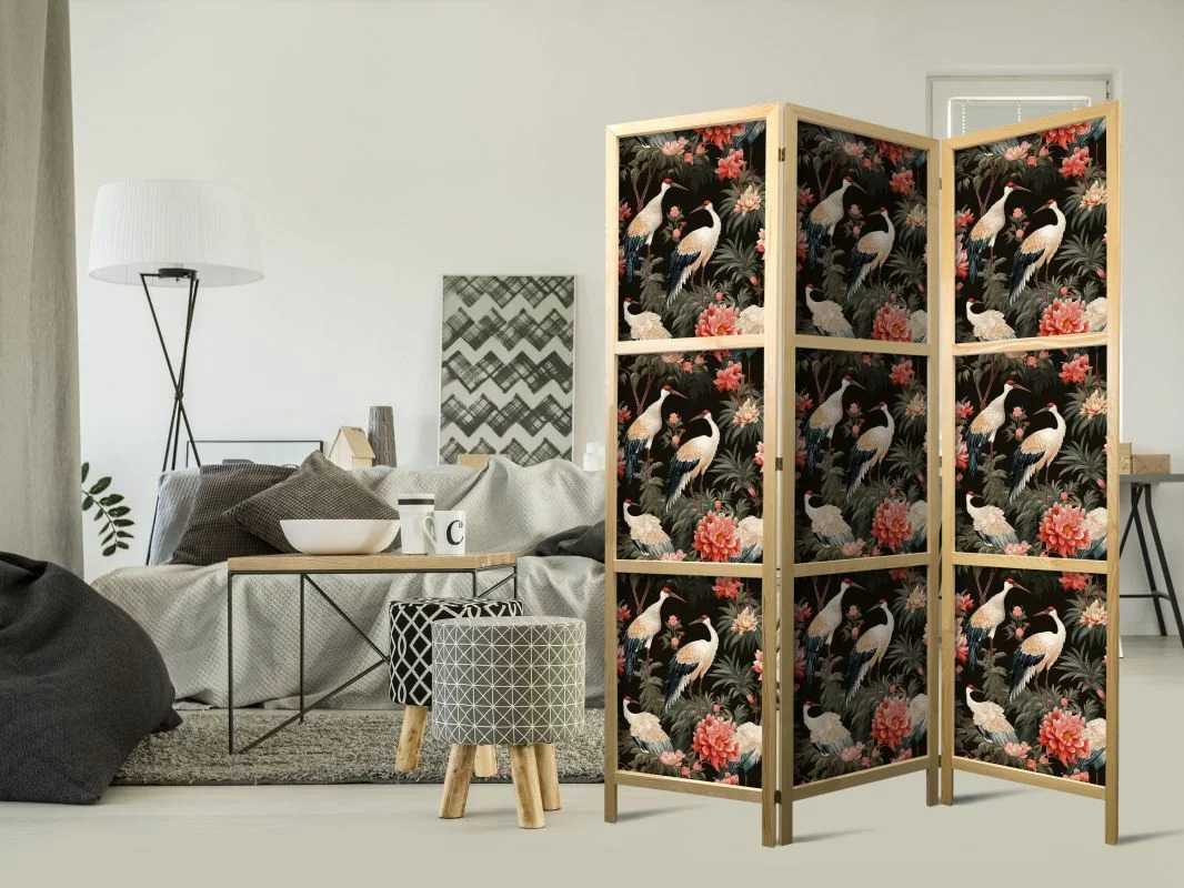Parawan japoński - Ornament z ptakami - sylwetki żurawi i kwiaty piwonii na ciemnym tle - obrazek 1