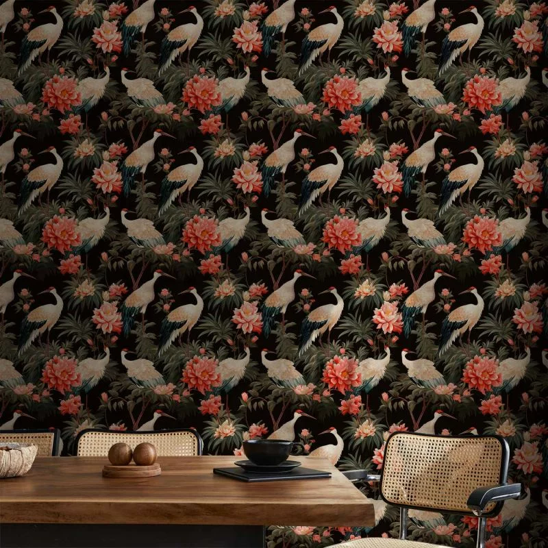 Tapeta - Ornament z ptakami - sylwetki żurawi i kwiaty piwonii na ciemnym tle - obrazek 1