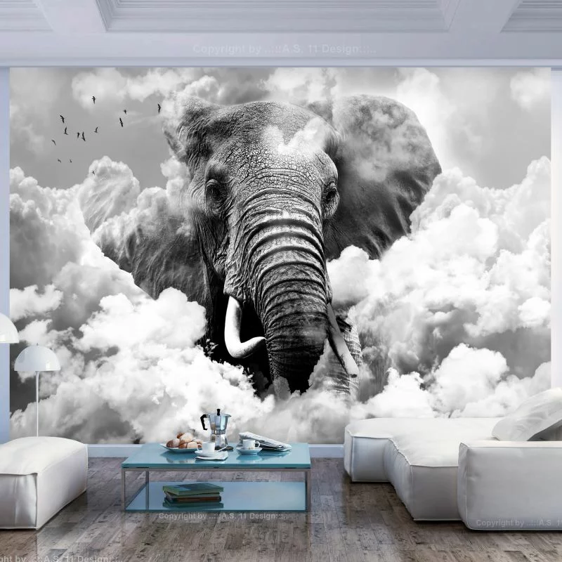 Fototapeta wodoodporna - Słoń w chmurach (czarno-biały) - obrazek 1