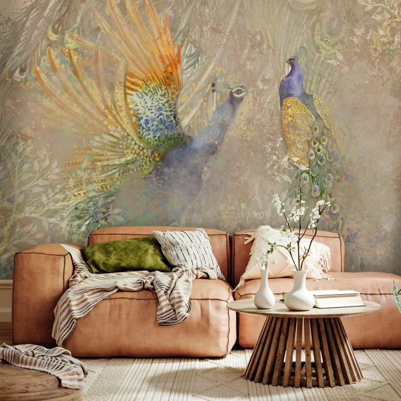 Fototapeta wodoodporna - Pawie w tańcu - motyw ptaków wśród abstrakcyjnego deseniu w ornamenty - obrazek 1