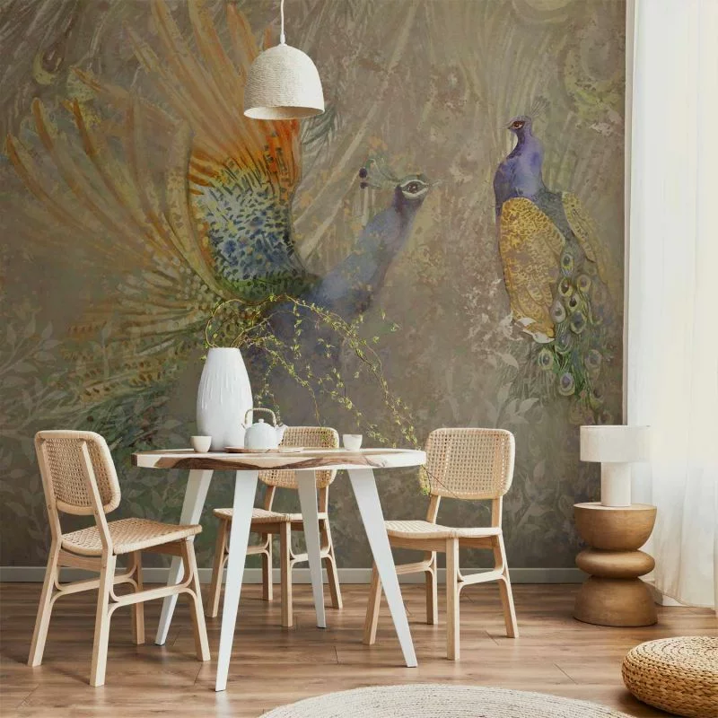 Fototapeta - Pawie w tańcu - motyw ptaków wśród abstrakcyjnego deseniu w ornamenty - obrazek 1