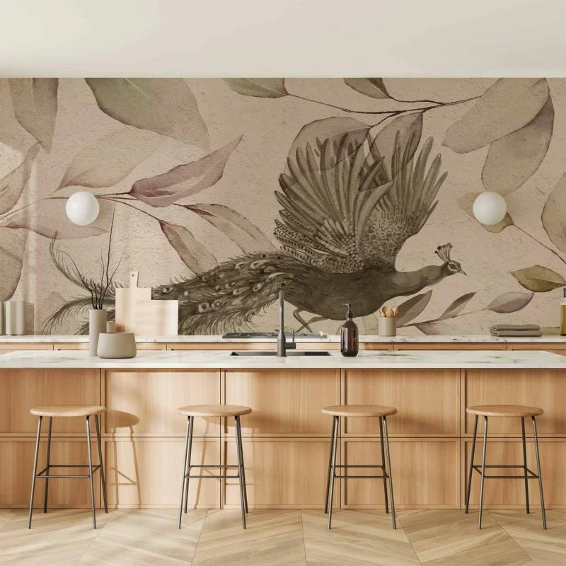 Fototapeta - Ptak wśród liści - motyw roślinny z lecącym pawiem w chłodnych tonach - obrazek 1