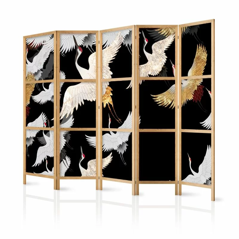 Parawan japoński - Żurawie nocą - złocisto-białe ptaki odlatujące na czarnym tle - obrazek 1