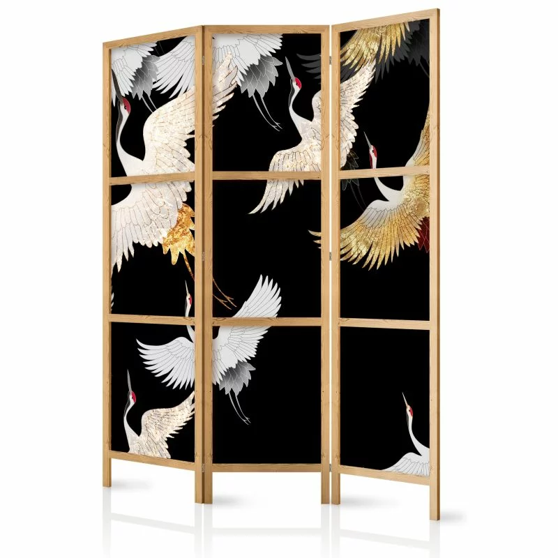 Parawan japoński - Żurawie nocą - biało-złote ptaki odlatujące na czarnym tle - obrazek 1