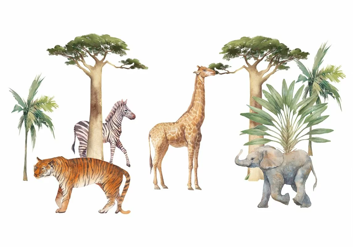 Fototapeta - Zwierzęta z Dżuglii na białym tle wykonane techniką akwareli - obrazek 1