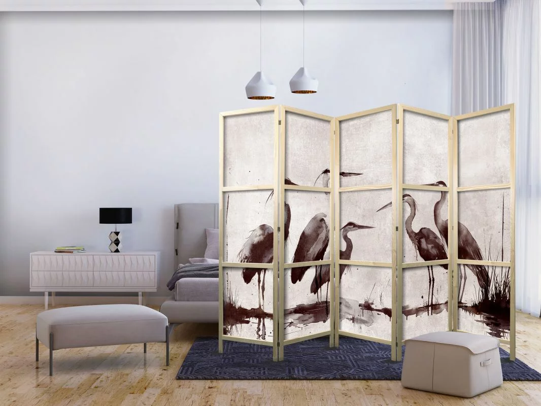 Parawan japoński - Czaple malowane tuszem - obrazek 1