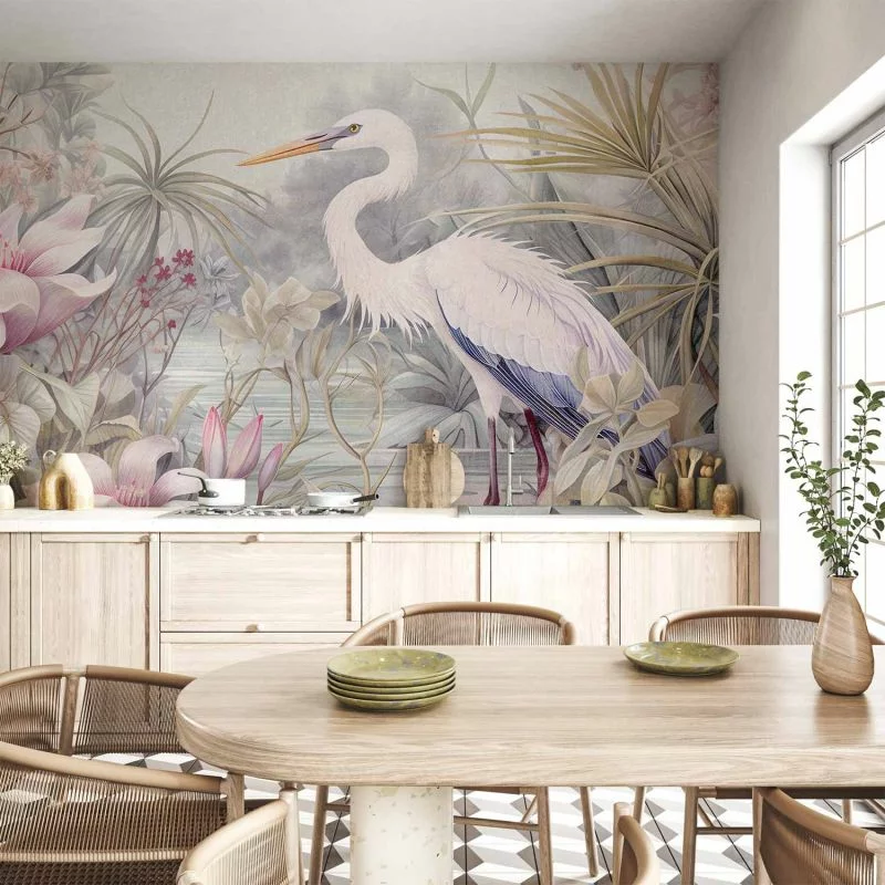 Fototapeta - Czapla brodząca w stawie - ilustracja w jasnej kolorystyce - obrazek 1