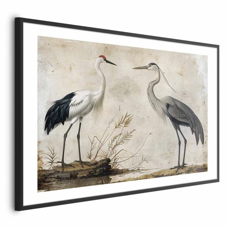 Plakat - Ptaki ze starej ryciny - ilustracja w stylu vintage; przedstawiająca czaplę i żurawia - obrazek 1