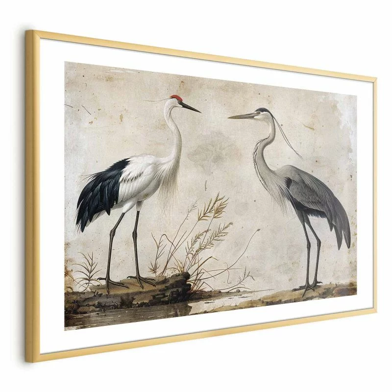 Plakat - Ptaki ze starej ryciny - ilustracja w stylu vintage; przedstawiająca czaplę i żurawia - obrazek 1