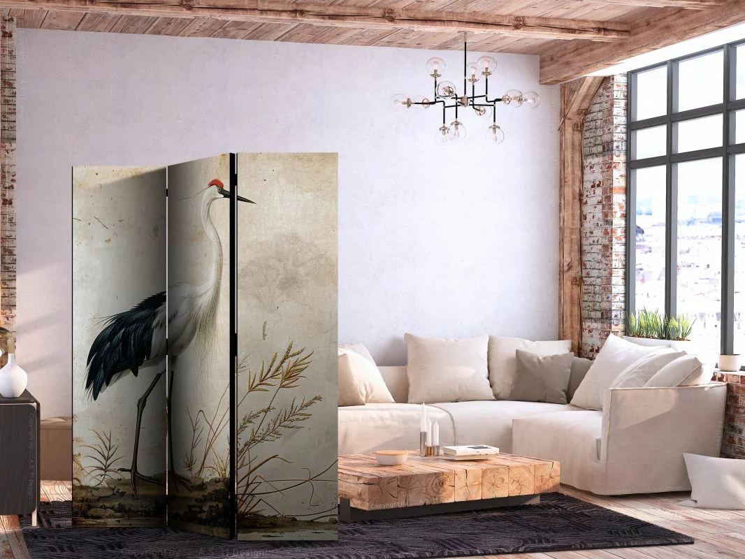 Parawan - Ptaki ze starej ryciny - ilustracja w stylu vintage, przedstawiająca czaplę i żurawia - obrazek 1