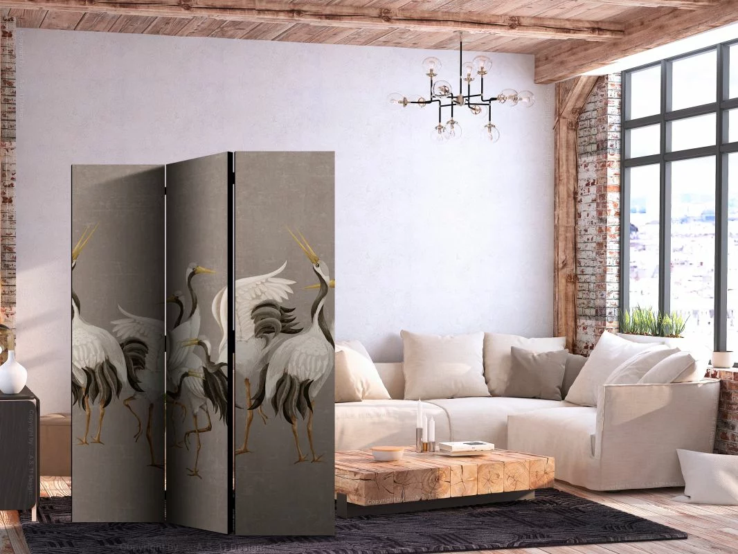 Parawan - Taniec żurawi - jasne sylwetki ptaków na ciepło-szarym tle z fakturą - obrazek 1