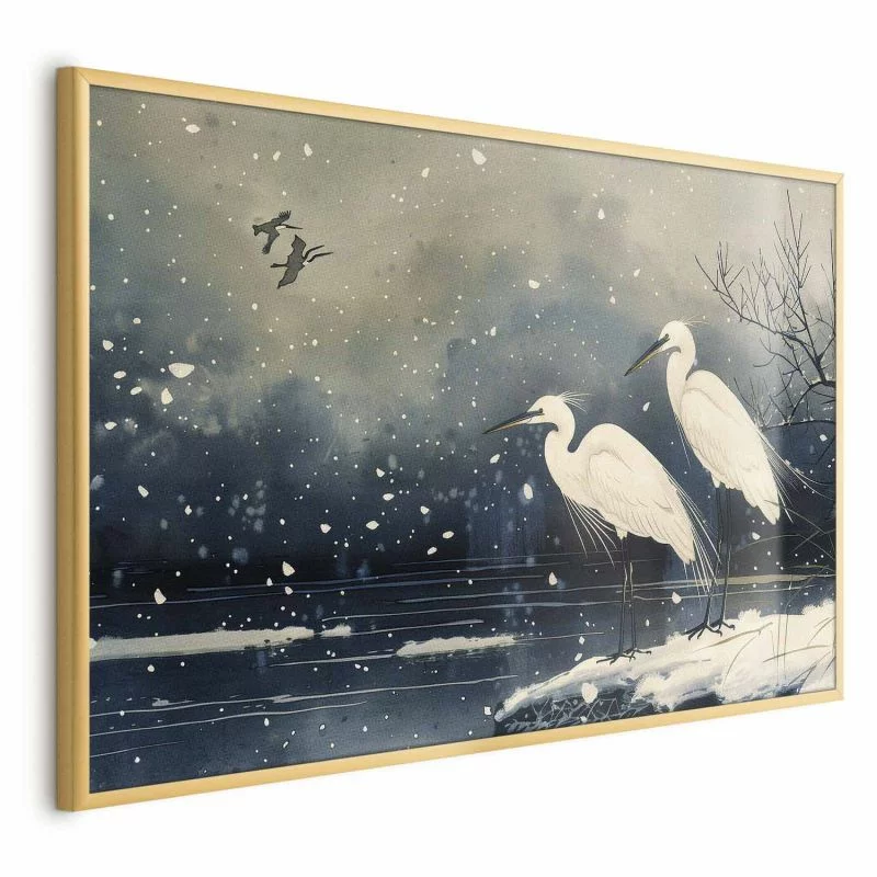Plakat - Czaple nad zimowym stawem - ilustracja w stylu japońskiego w ciemnej kolorystyce - obrazek 1
