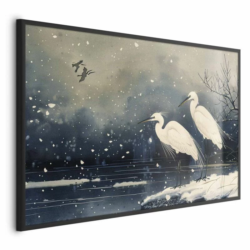 Plakat - Czaple nad zimowym stawem - ilustracja w stylu japońskiego w ciemnej kolorystyce - obrazek 1
