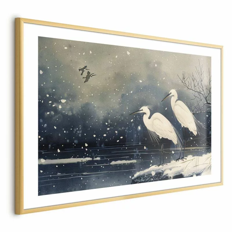 Plakat - Czaple nad zimowym stawem - ilustracja w stylu japońskiego w ciemnej kolorystyce - obrazek 1