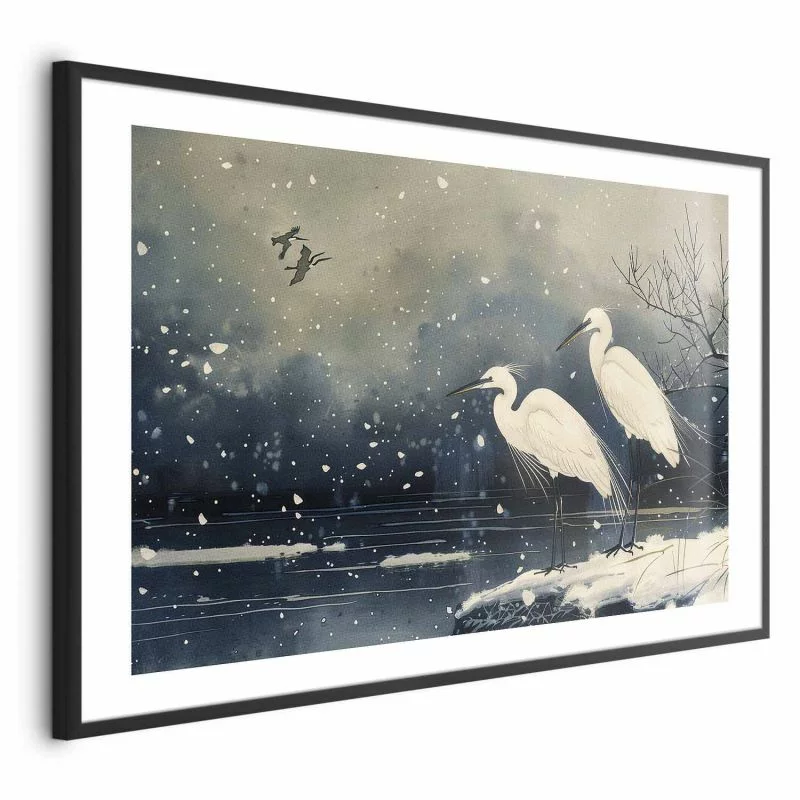 Plakat - Czaple nad zimowym stawem - ilustracja w stylu japońskiego w ciemnej kolorystyce - obrazek 1