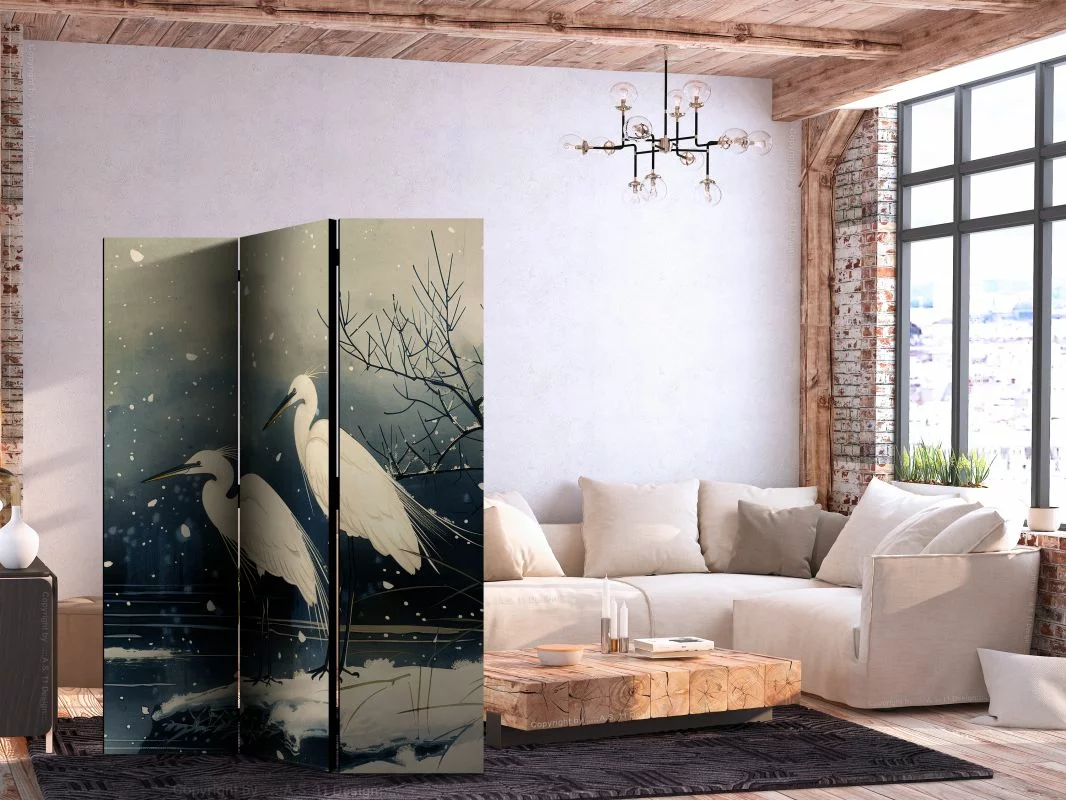 Parawan - Czaple nad zimowym stawem - ilustracja w stylu japońskiego w ciemnej kolorystyce - obrazek 1