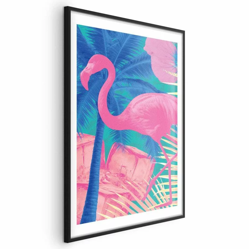 Plakat - Różowy Flaming - Abstrakcyjny Flaming na Tle Palm i Kostek Lodu - obrazek 1