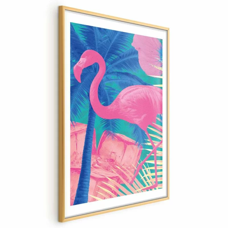 Plakat - Różowy Flaming - Abstrakcyjny Flaming na Tle Palm i Kostek Lodu - obrazek 1
