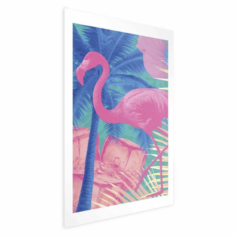 Plakat - Różowy Flaming - Abstrakcyjny Flaming na Tle Palm i Kostek Lodu - obrazek 1