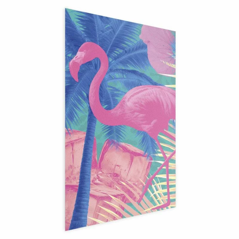 Plakat - Różowy Flaming - Abstrakcyjny Flaming na Tle Palm i Kostek Lodu - obrazek 1