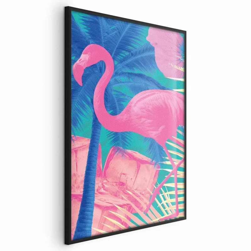 Plakat - Różowy Flaming - Abstrakcyjny Flaming na Tle Palm i Kostek Lodu - obrazek 1