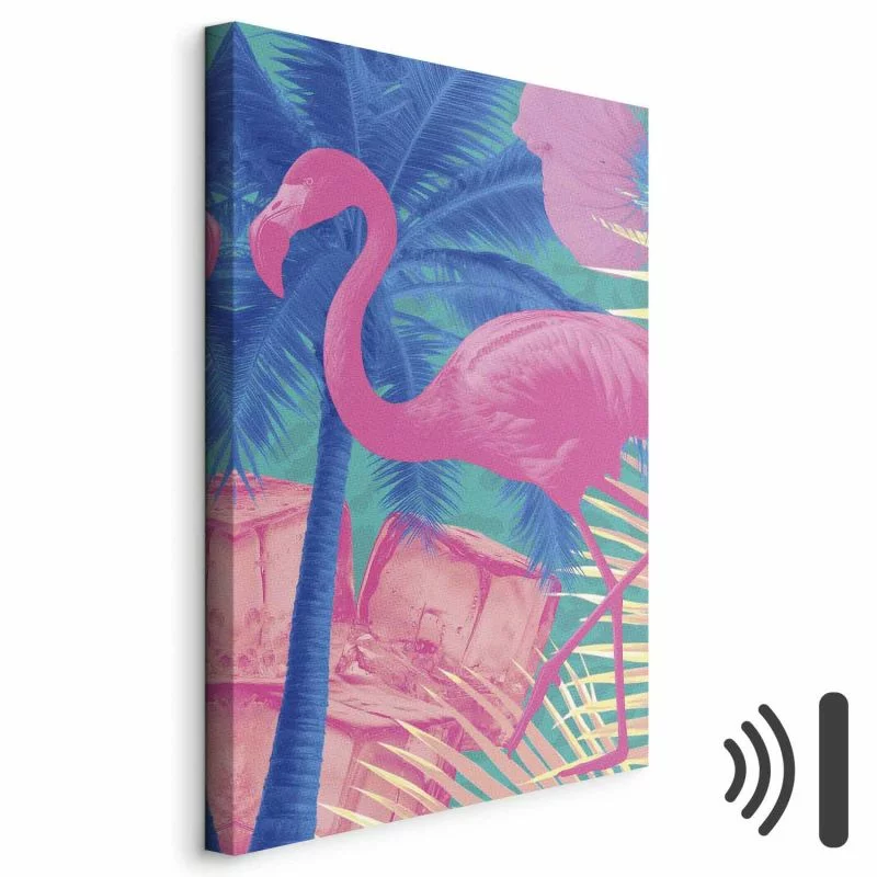 Obraz - Różowy Flaming - Abstrakcyjny Flaming na Tle Palm i Kostek Lodu - obrazek 1