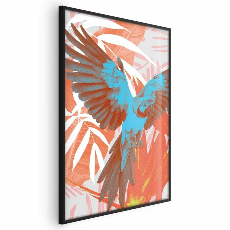 Plakat - Egzotyczne skrzydła - Papuga wśród abstrakcyjnych wzorów liści - obrazek 1