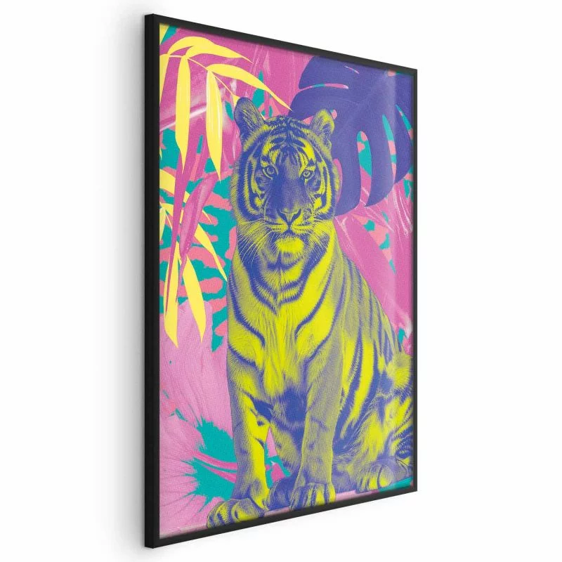 Plakat - Kolorowy tygrys - Intensywne barwy tygrysa w otoczeniu tropikalnych roślin - obrazek 1