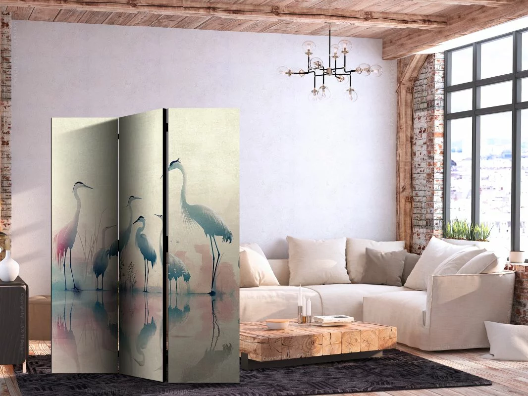 Parawan - Ptaki nad jeziorem - czaple malowane akwarelą w delikatnej, szaro-różowej kolorystyce - obrazek 1