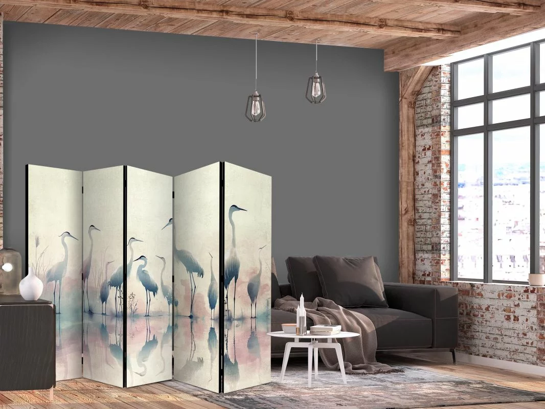 Parawan - Ptaki nad jeziorem - czaple malowane akwarelą w delikatnej, szaro-różowej kolorystyce - obrazek 1