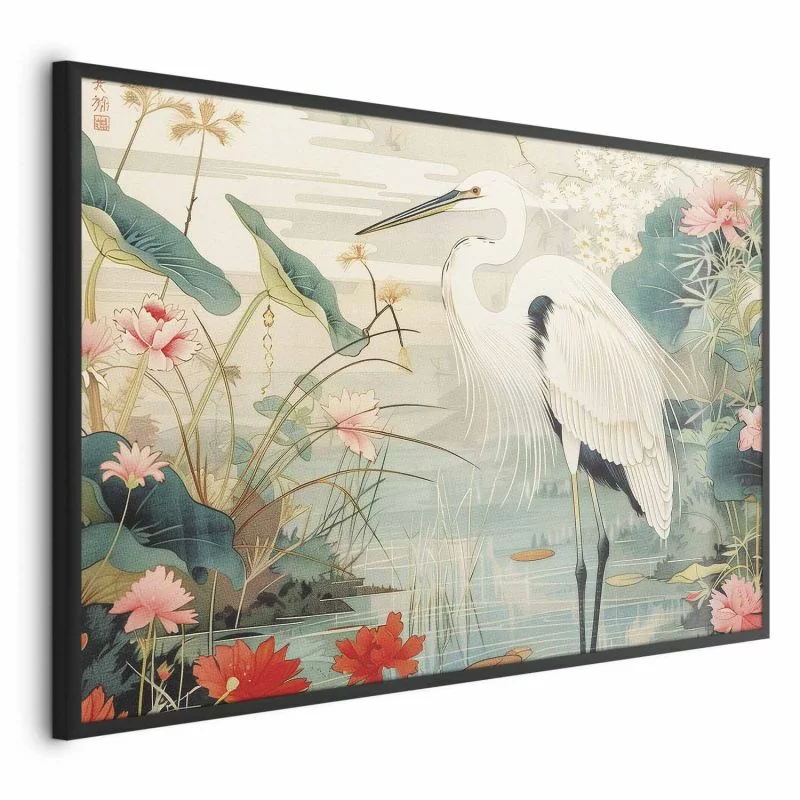 Plakat - Nad azjatyckim stawem - ilustracja w stylu japońskiej ryciny; przedstawiająca czaplę - obrazek 1