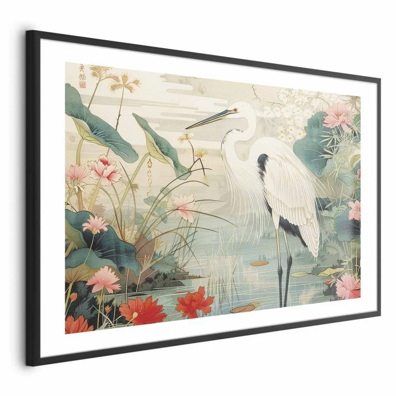 Plakat - Nad azjatyckim stawem - ilustracja w stylu japońskiej ryciny; przedstawiająca czaplę - obrazek 1