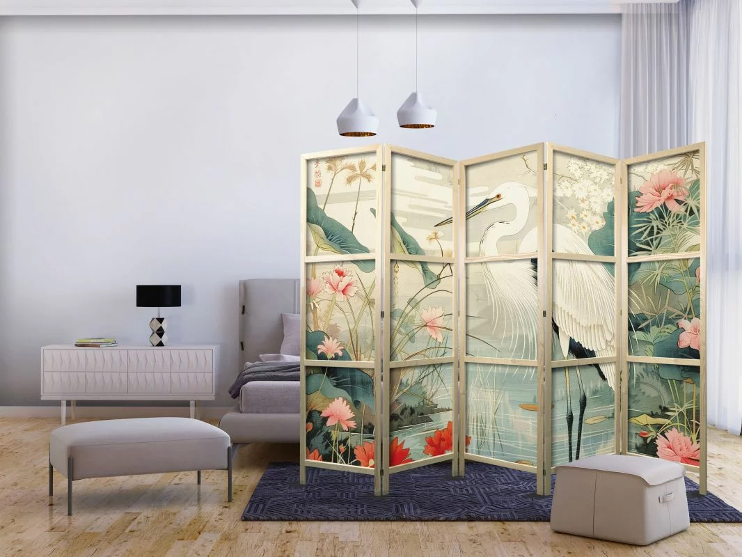 Parawan japoński - Nad azjatyckim stawem - ilustracja w stylu japońskiej ryciny, przedstawiająca czaplę - obrazek 1