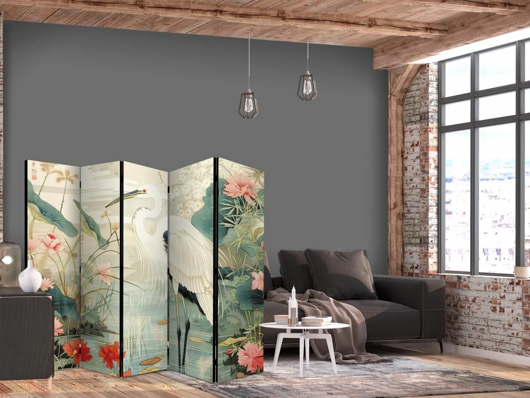 Parawan - Nad azjatyckim stawem - ilustracja w stylu japońskiej ryciny, przedstawiająca czaplę - obrazek 1