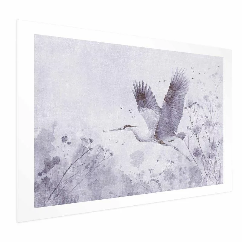 Plakat - Majestatyczny lot - żuraw w locie w monochromatycznej; chłodnej kolorystyce - obrazek 1