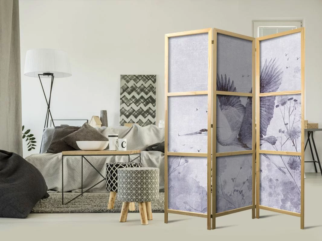 Parawan japoński - Majestatyczny lot - żuraw w locie w monochromatycznej, chłodnej kolorystyce - obrazek 1