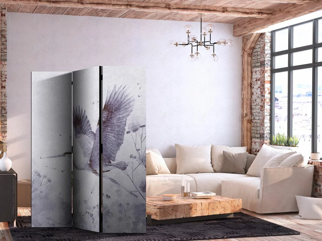 Parawan - Majestatyczny lot - żuraw w locie w monochromatycznej, chłodnej kolorystyce - obrazek 1