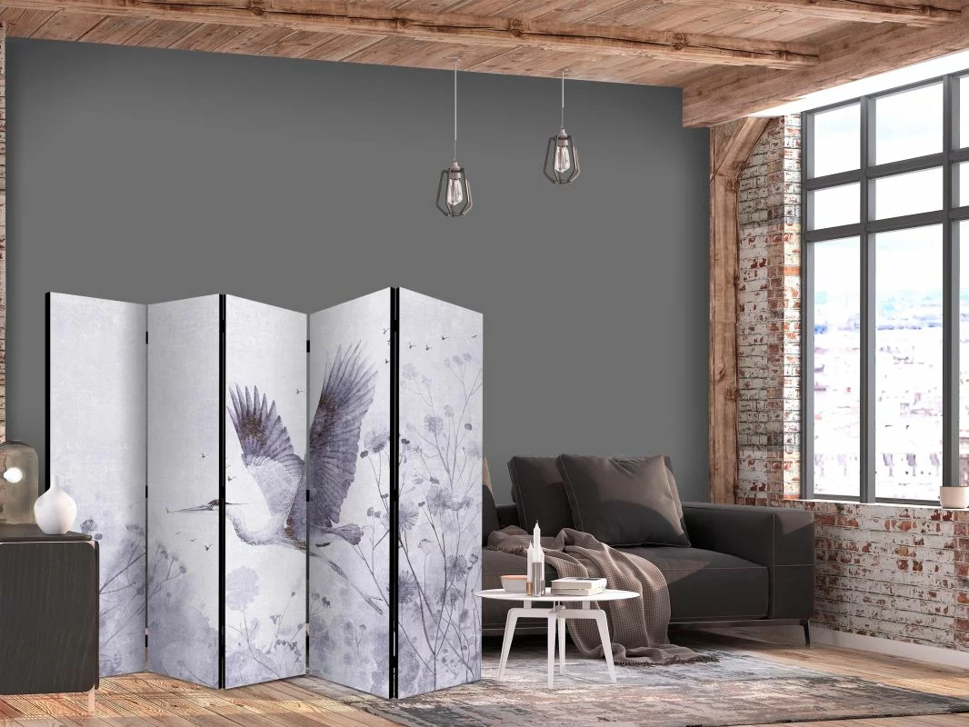 Parawan - Majestatyczny lot - żuraw w locie w monochromatycznej, chłodnej kolorystyce - obrazek 1