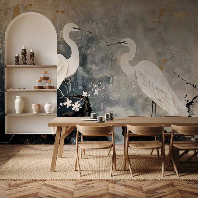 Fototapeta - Czaple i kwiat wiśni - ilustracja w orientalnym stylu przedstawiająca ptaki - obrazek 1