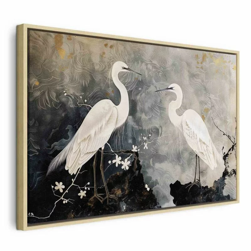 Obraz - Czaple i kwiat wiśni - ilustracja w orientalnym stylu przedstawiająca ptaki - obrazek 1