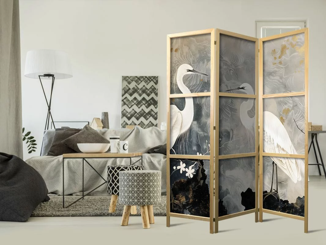 Parawan japoński - Czaple i kwiat wiśni - ilustracja w orientalnym stylu przedstawiająca ptaki - obrazek 1