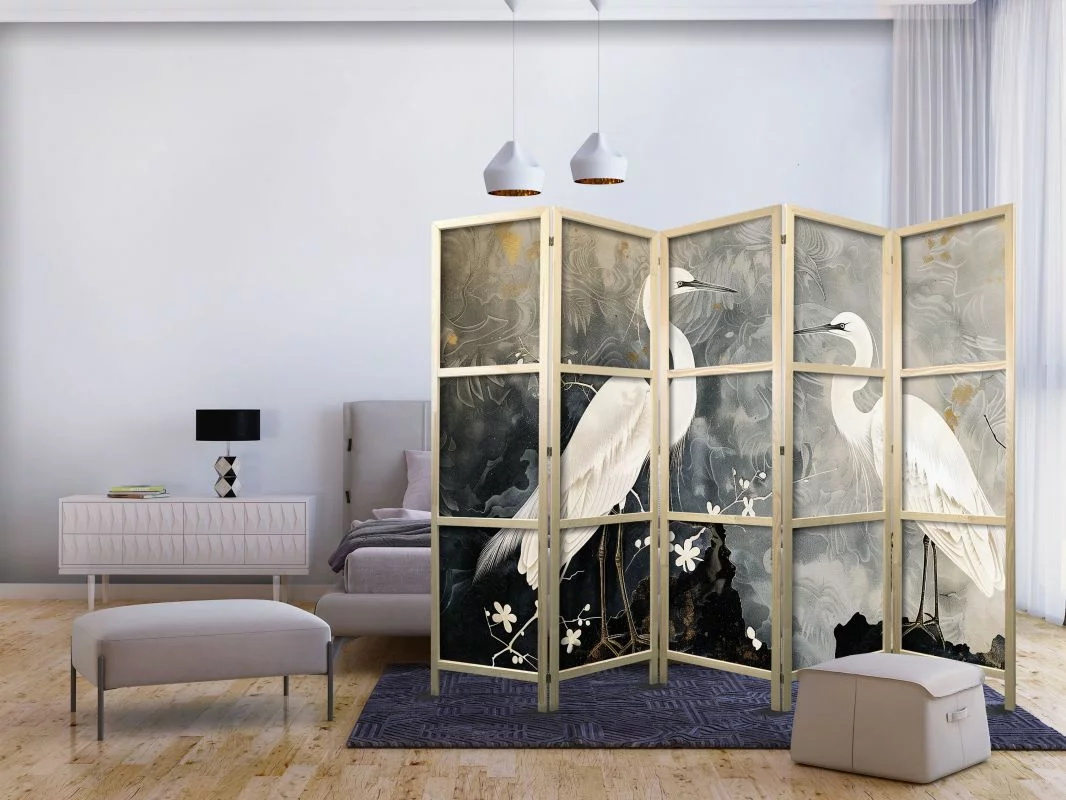 Parawan japoński - Czaple i kwiat wiśni - ilustracja w orientalnym stylu przedstawiająca ptaki - obrazek 1