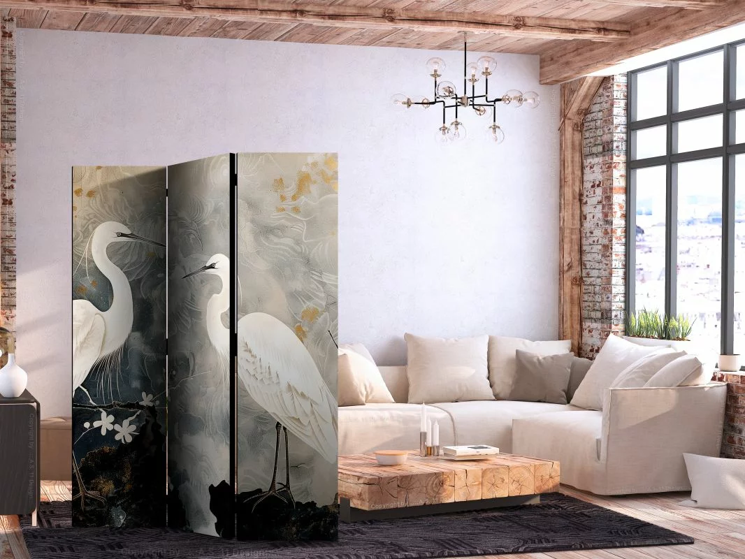 Parawan - Czaple i kwiat wiśni - ilustracja w orientalnym stylu przedstawiająca ptaki - obrazek 1